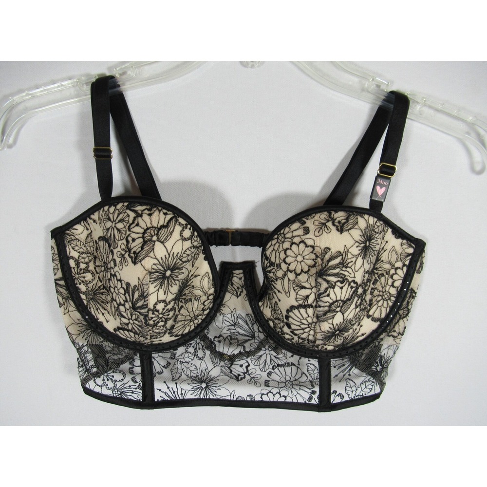 NEW Victoria's Secret Rhinestone Boned Longline Balconette Bra 34DD Black Lace